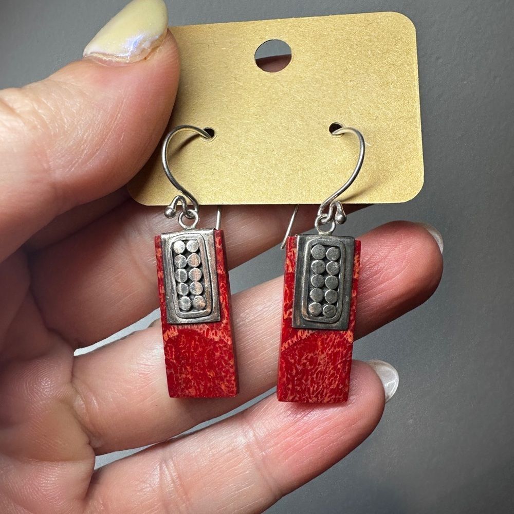Bali-style Stamped sterling silver and red‎ coral dangle earrings!